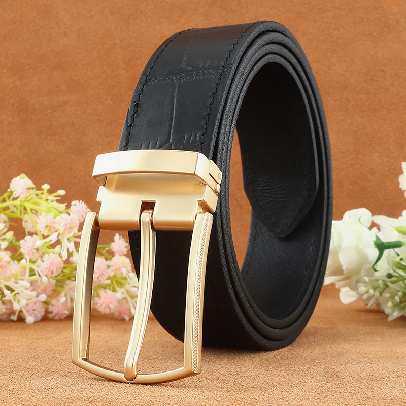 High quality fancy vintage Khaki genuine leather fashion belts men pin buckle luxury jeans young men cintos masculinos