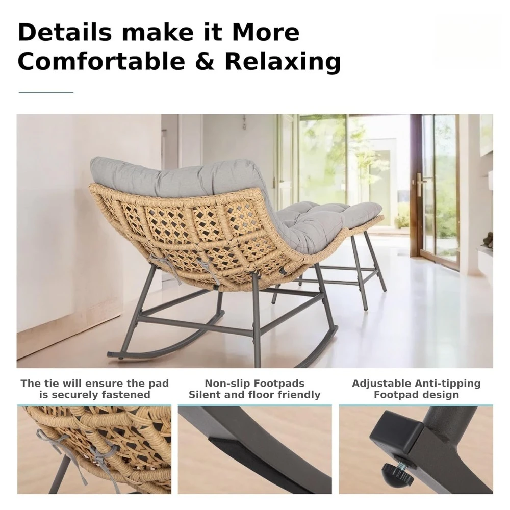 

Outdoor Papasan Rocking Chair with Ottoman, Wicker Rattan Egg Papasan Rocking Chair, Oversized Egg Shaped Patio, Customized