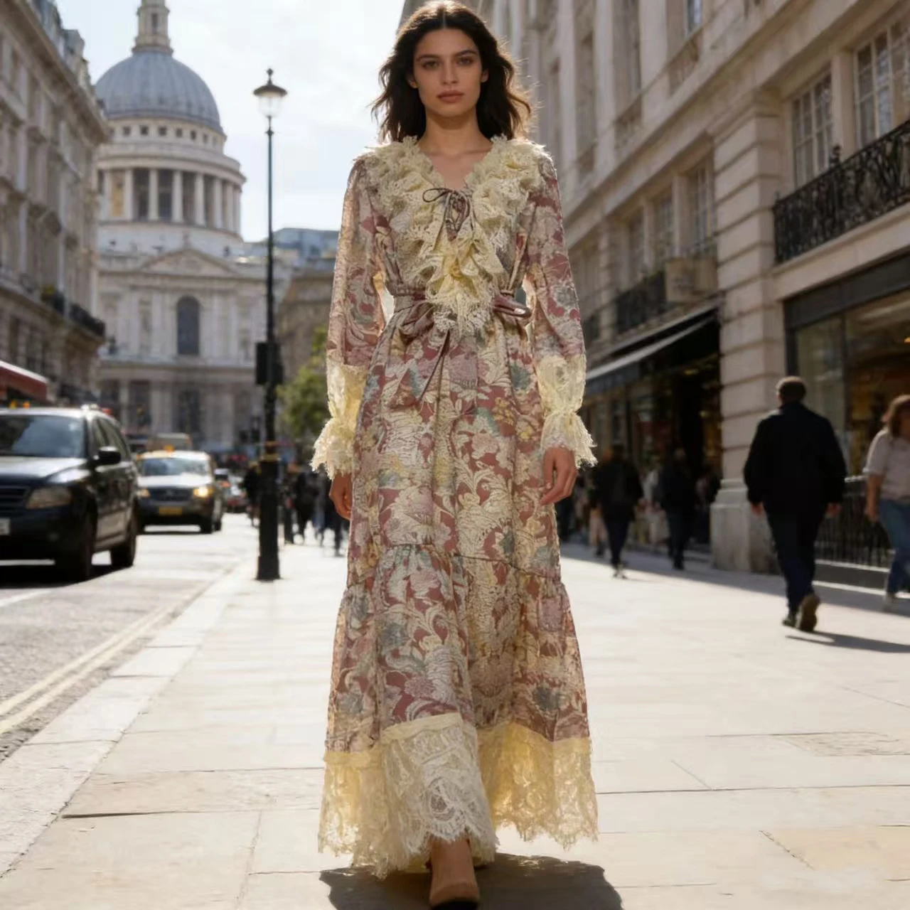 

Ретро-юбка с принтом, длинная, 2026, новая, с эффектом похудения, с вышивкой и кружевом, с тяжелой вышивкой, повседневная, из полиэфирного волокна