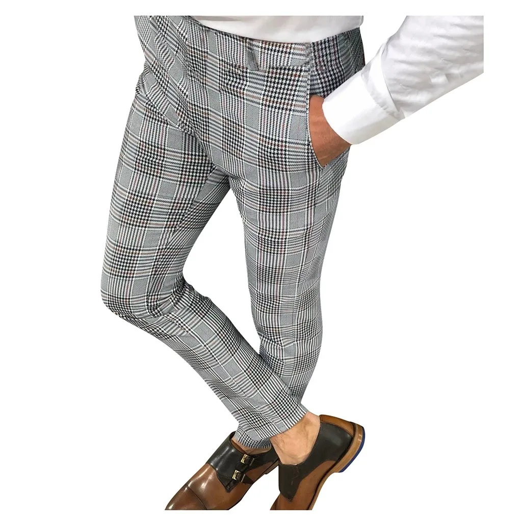 

Summer Autumn Men's Casual Pants Plaid Social Stretch Trousers Mid Waist Skinny Business Office Working Party Male Suit Pants