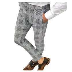 Summer  Autumn Men's Casual Pants Plaid Social Stretch Trousers Mid Waist Skinny Business Office Working Party Male Suit Pants