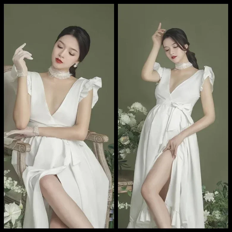 

Sexy White Maternity Dresses For Baby Shower Maxi Gown Photo Prop Split Front Pregnant Women Pregnancy Photography Shoot Dress
