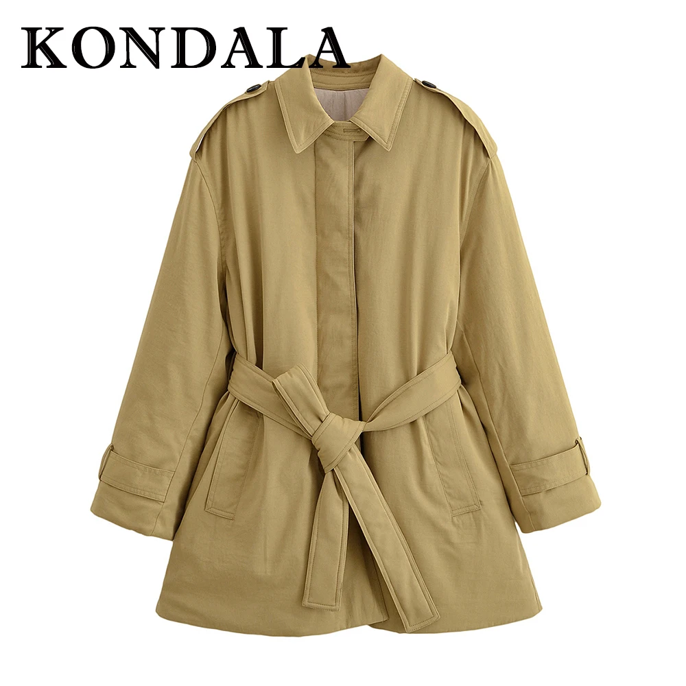 KONDALA 2025 Autumn Solid Women Padded Jacket Single Breasted Pockets Sashes Long Sleeve Coat Loose Warm Thick Female Outwears