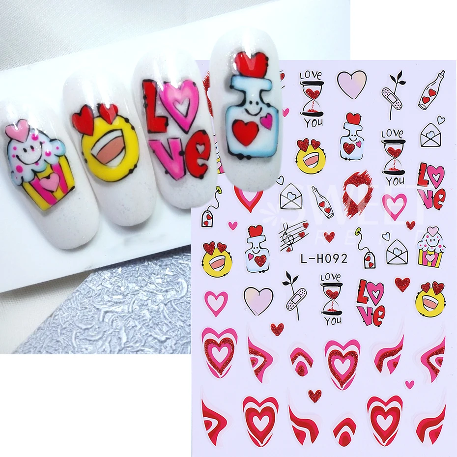 Red Love Heart 3D Nail Stickers Valentine Design Rose Flower Butterfly Lip Bear Nail Art Slider DIY Manicure Supplies Decoration