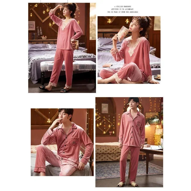 New Gold Velvet Couple Pajamas Women's Spring Autumn Winter Coral Fleece Long Sleeves Large Size Men's Loungewear Set