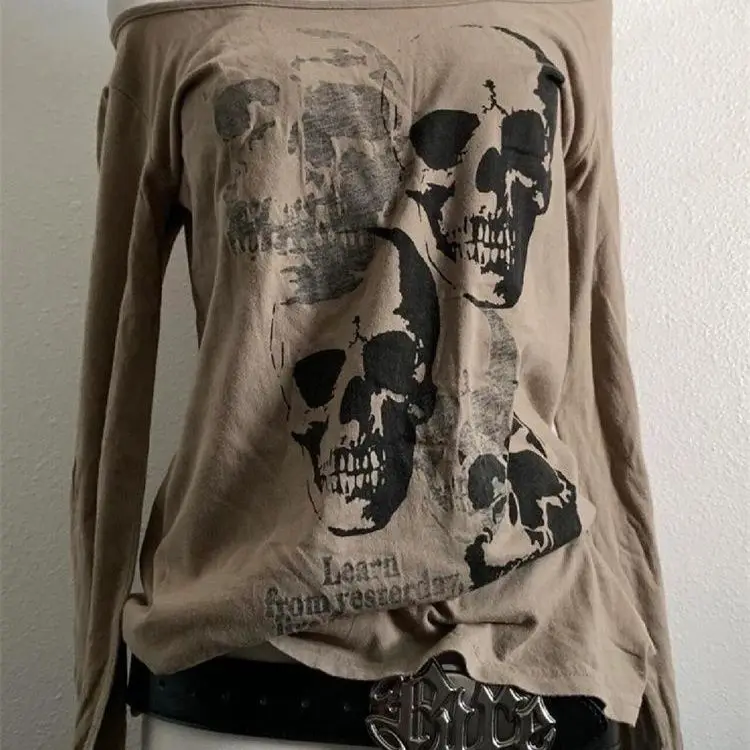 Fashiable One Shoulder Skulls Printed Long Sleeves T-shirts for Women Punk Girls Daily Vintage Slim Fit Tops New Crop T-Shirts