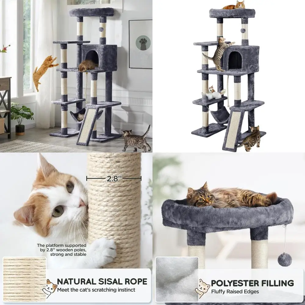 

Большая кошачья лежанка-башня 63 см с домиком, мягкой платформой и сизалевой когтеточкой - прочный игровой домик для питомцев