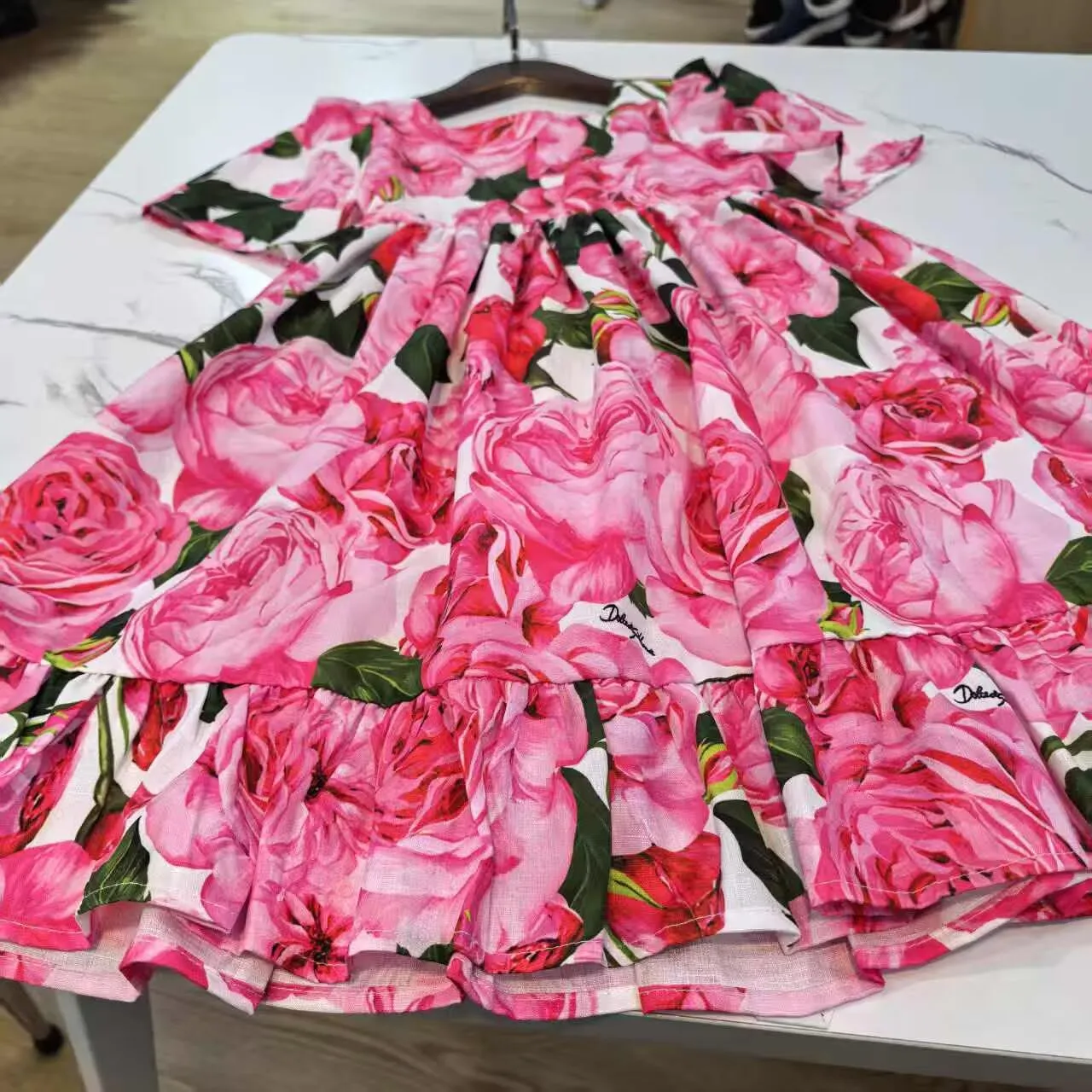 Girls Summer Dress Pink Rose Floral Print Square Neck A-line Cotton Princess Dress Kids Vacay Party Wear For Girls Age 2-12 Year