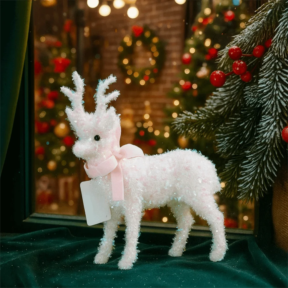 Cartoon Christmas Reindeer Ornaments With Scarf With Bell Deer Statue Decorations Glittering Elk Cloth Decor