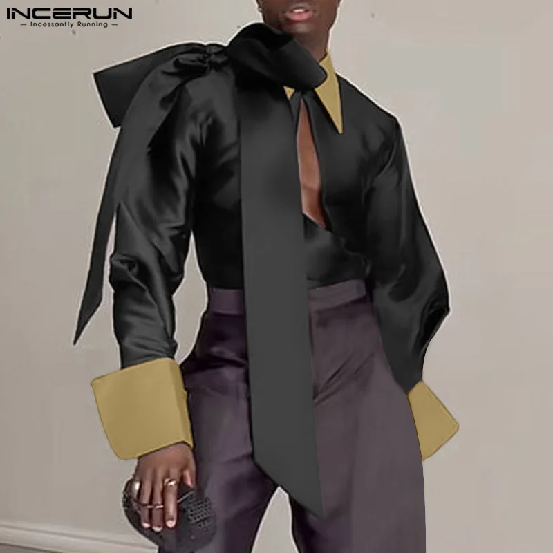 

Рубашка INCERUN мужская с воротником с лацканами и длинным рукавом, контрастный топ в французском стиле, с вырезами, привлекательный дизайн с бантом