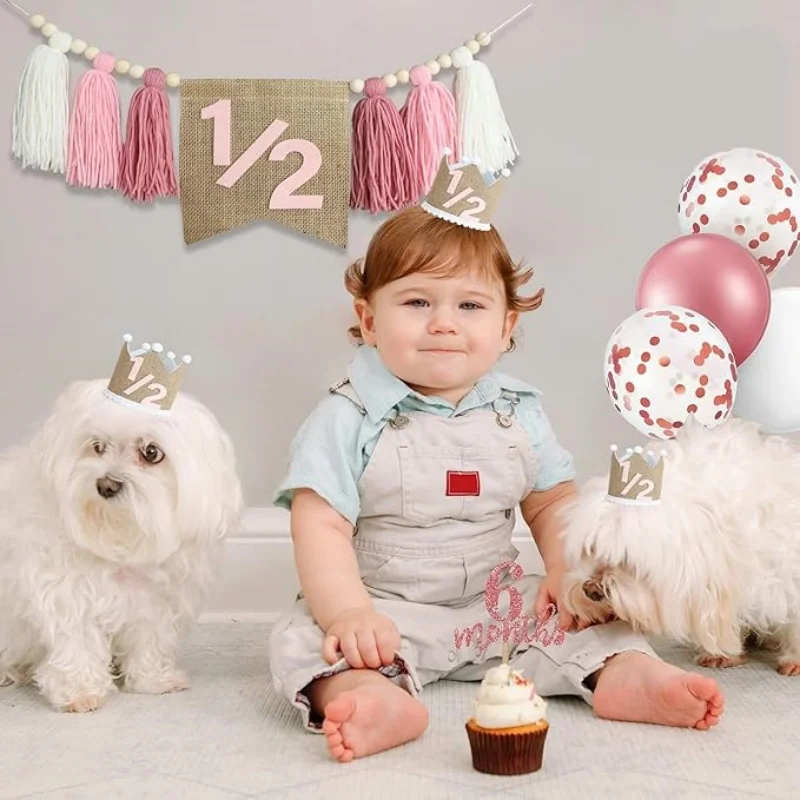 Half Birthday Decorations,1/2 Birthday High Chair Banner, Birthday Crown Hat, 6 Months Birthday Party Decorations Photo Props