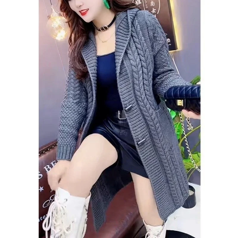 2025 Hooded Wool Knitted Cardigan Coat Women Autumn Winter New Long Jacket Heavy Jacquard Outwear Large Size Sweater Tops Female