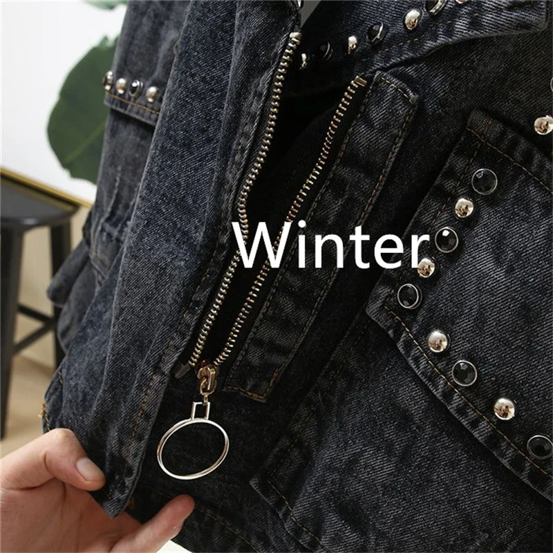 Turn-down Collar Nail Bead Denim Jacket Women Loose Zipper Outwear Jean Coat Female Spring And Autumn Jacket Blue Black Jackets