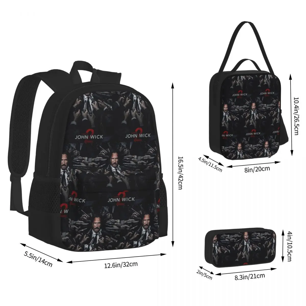 John Wick  Movie Backpacks Boys Girls Bookbag Children School Bags Kids Rucksack Lunch Bag Pen Bag Three-Piece Set