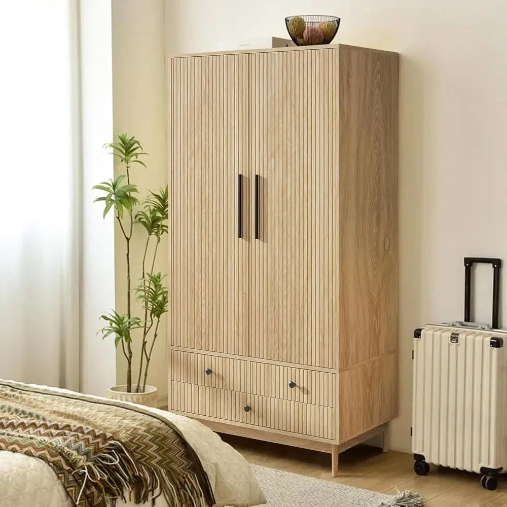 

Wooden Double Door Wardrobe with Hanging Rod and Shelves - Bedroom Storage Cabinet (Wood Color)