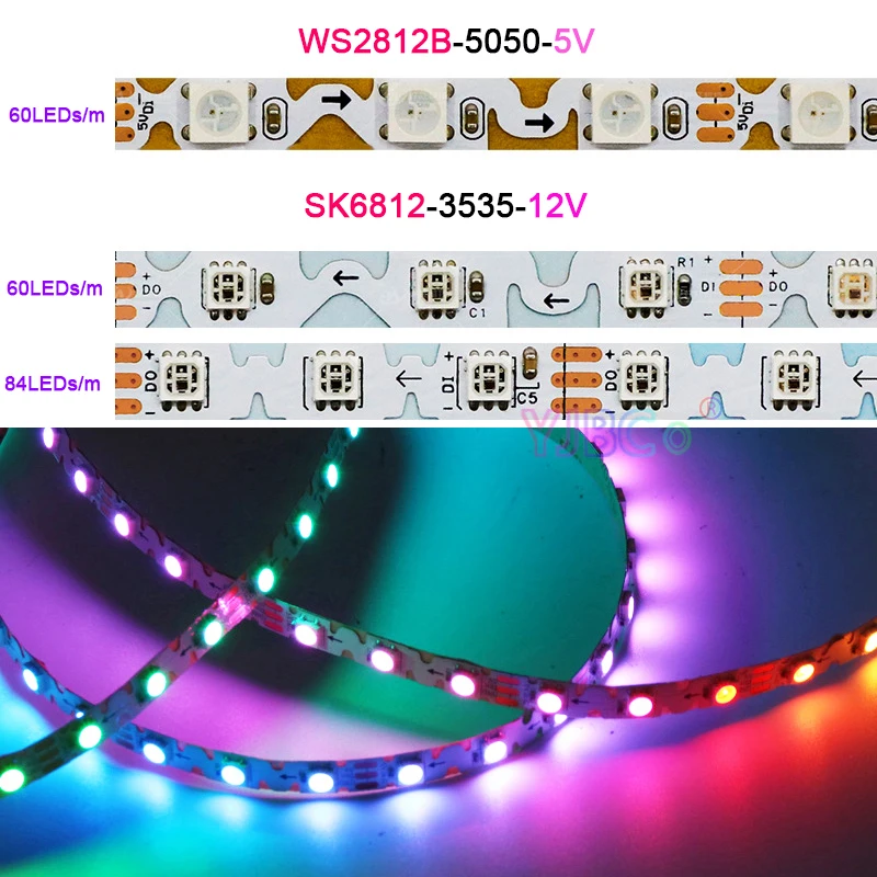 Cinta de tira de LED direccionable, 5V, 12V, lado estrecho, 6mm, PCB, tipo S, SK6812, WS281260/84LED/m, SMD 3535, 5050, RGB pixel IC