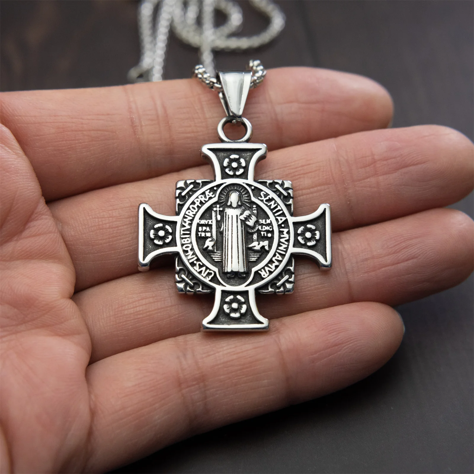 St. Benedict Cross Stainless Steel Exorcism Crucifix Catholic Pendant Necklace for Men Women Demon Protection Religious Jewelry
