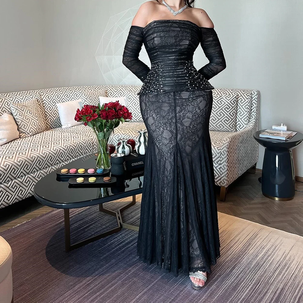 

Customized A-line Evening Dresses Ankle-length Off The Shoulder Full Sleeve Prom Gown Fashion Crystal Lace Draped Party Gown