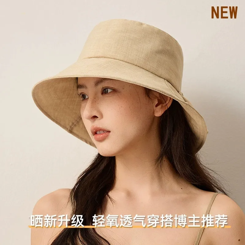 Japanese Style Cotton Linen Sun Hat for Women Solid Color Back Split Bow Bucket Hat UV Protection Sun Hat