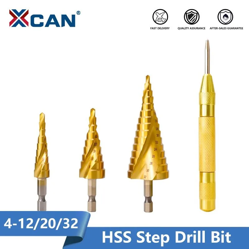 

Ступенчатое сверло XCAN, 3 шт., 4-12/20/32 мм, с автоматическим центральным отверстием, для дерева, металла, резак из быстрорежущей стали