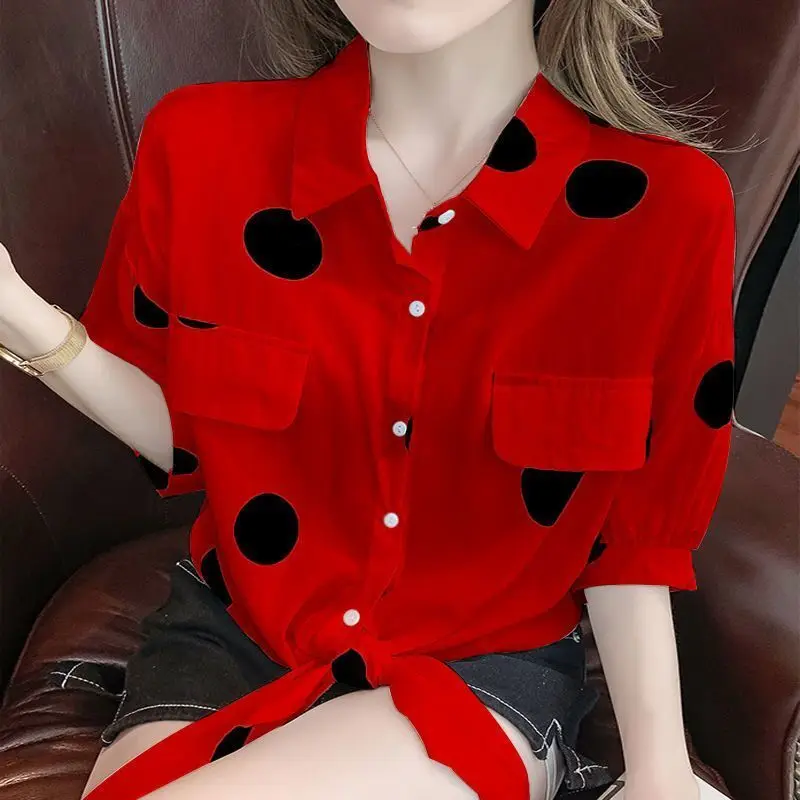 Fashion Bandage Printed Polka Dot Lapel Spliced Pockets Button Loose Puff Sleeve Shirt Summer Commute Tops Casual Women\'s Blouse