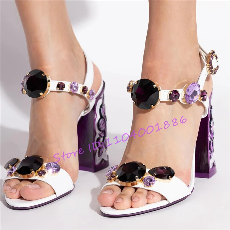 

Purple Diamond Gemstone Prints Sandals Women Bohemian Open Toe Ankle Buckle Flat Shoes Fashion Party 6Cm/10Cm High Heels Shoes