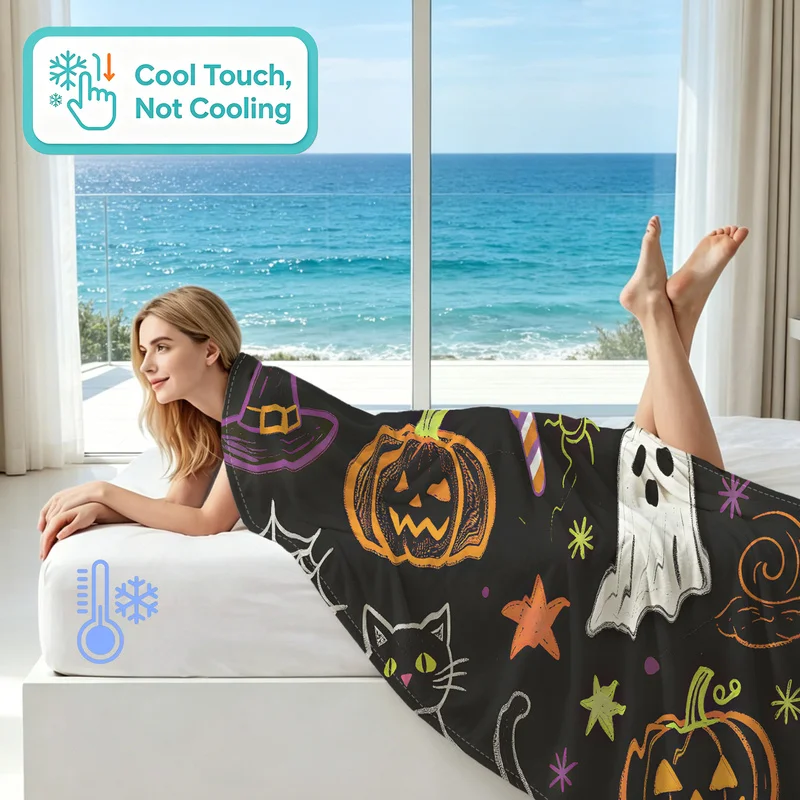 Cute Halloween Cooling Blanket Cartoon Ghost Black Cat Pumpkin Tombstone Print Summer Blanket Kawaii Sofa Bed Decor Holiday Gift