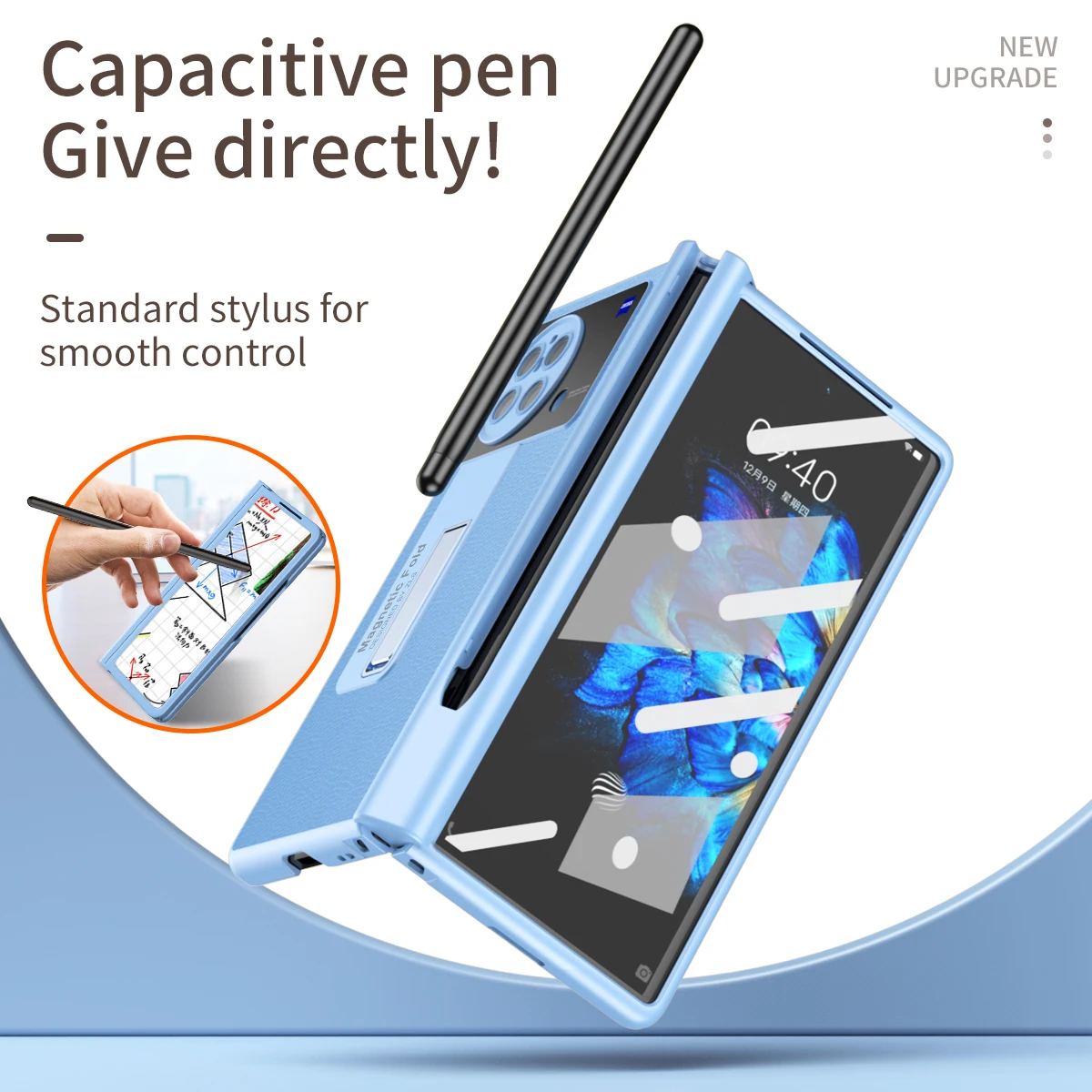 2pc Hinge Protective Pencil Case for Vivo X Fold Litchi Grain Leather with Handwritten Pen Tempered Glass Kickstand Cover X FOLD