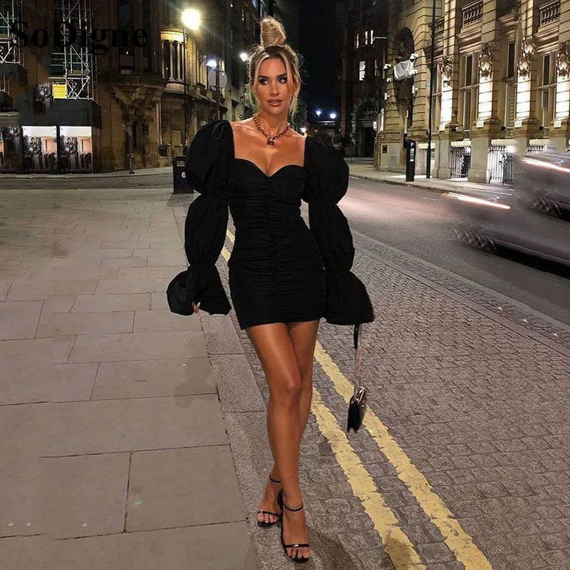

SoDigne Modern Black Mini Women Evening Party Dresses Puff Long Sleeves Sweethearts Prom Gowns Special Occasion Dress