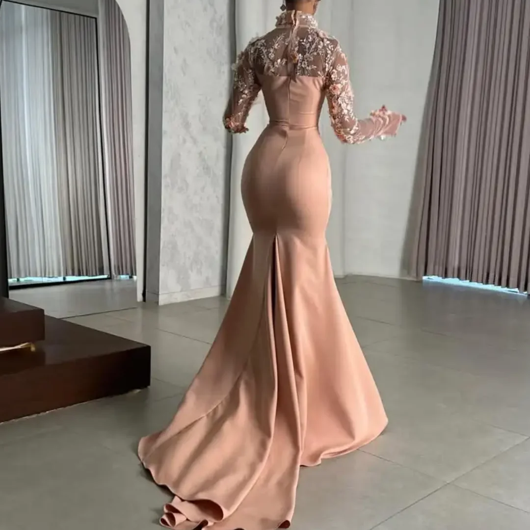 Satin Floor Length Prom Rhinestone 3D Flowers Long Sleeves Mermaid High Neck Grown Luxurious Women Evening Dresses