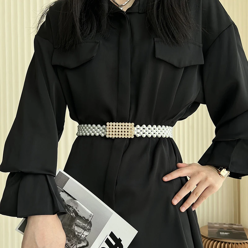 

Женский эластичный тонкий пояс с жемчужной цепочкой со стразами, простой корейский стиль, ремень на шнурке, женские аксессуары для одежды