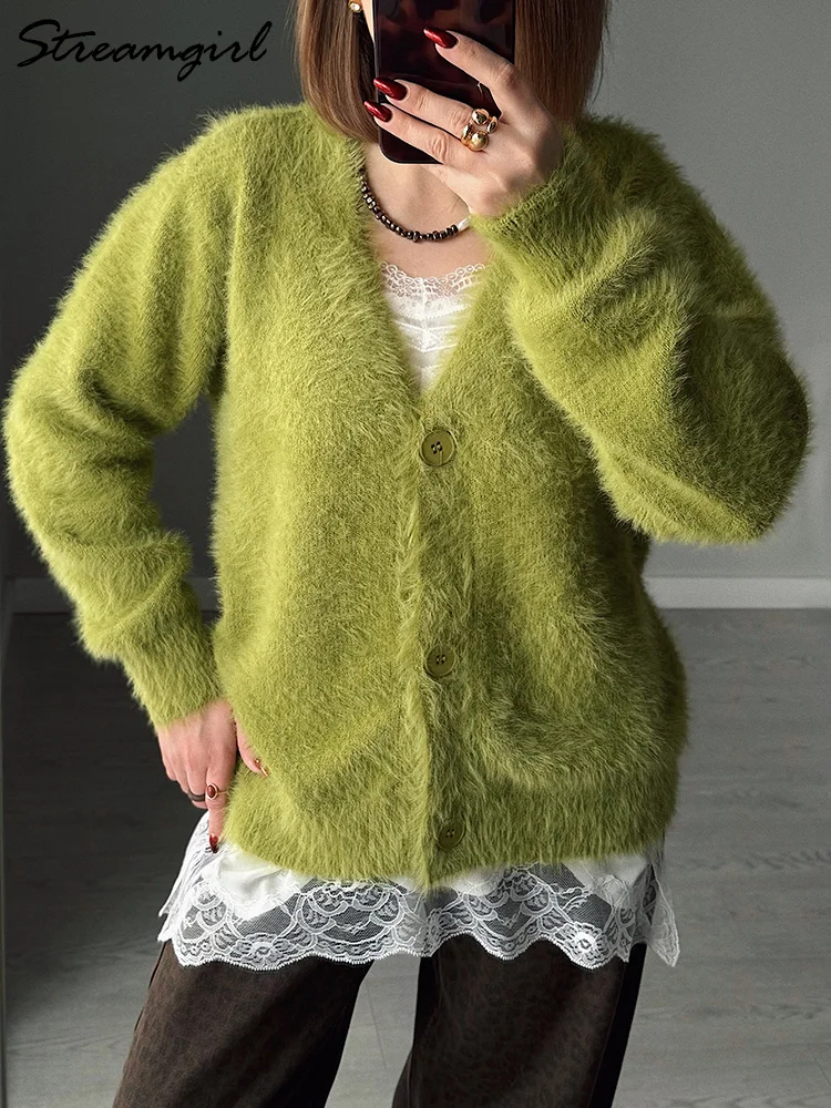 Streamgirl Oversized Imitation Mink Cardigans Women Warm Knitted Jackets Soft Long Sleeve Cardigan Green Knitted Ladies Spring