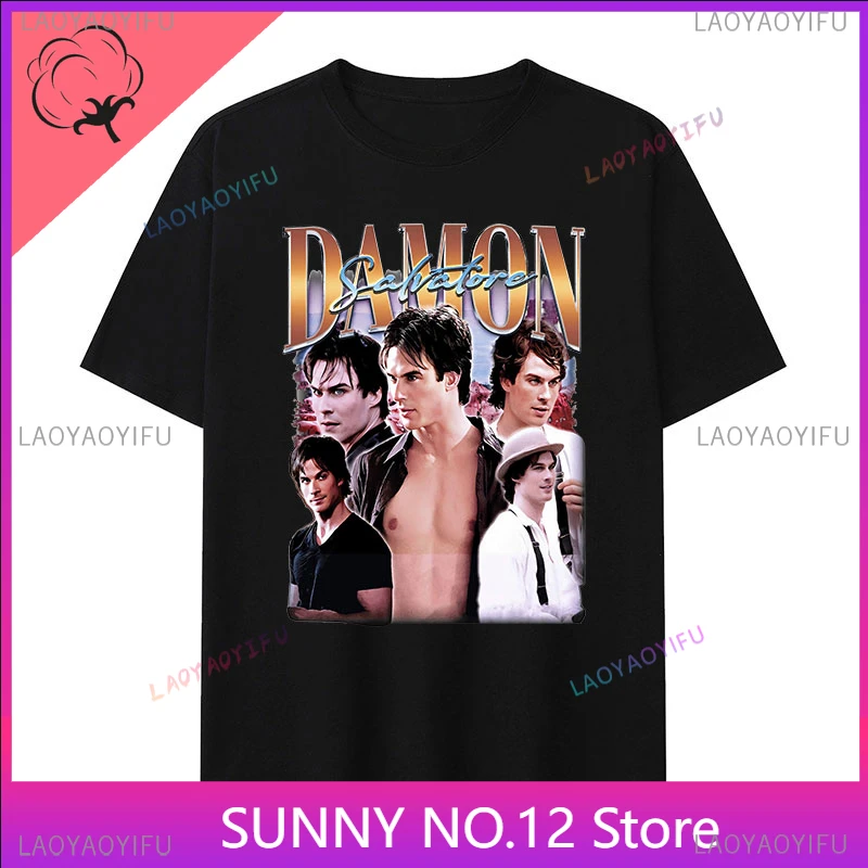 Damon Salvatore Ian Somerhalder TV Series Graphic Print T Shirts Men's Retro Gothic Fashion Oversized 100%Cotton Streetwear