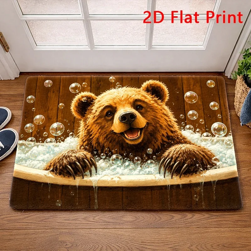Welcome Floor Mat Humorous Bathing Grizzly Bear Printed Carpet Rustic Wooden Barrel Transparent Soap Bubbles for Bathroom