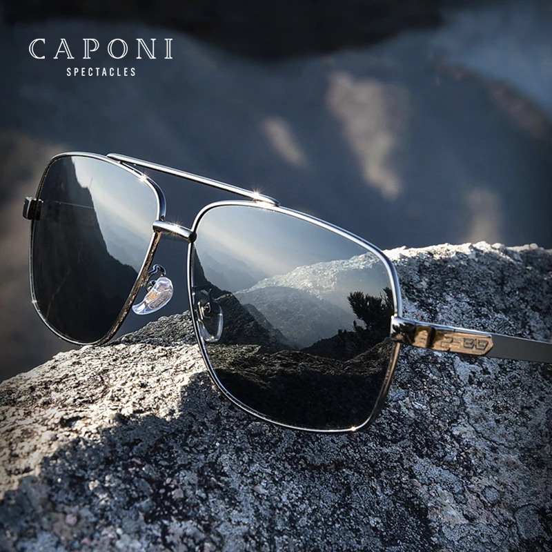 CAPONI Glass Material Polarized Sunglasses For Men Driving High Quality Metal Sun Glasses UV400 Brand Designer Shades CP8002