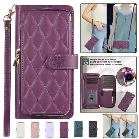 Crossbody Lanyard Zipper Leather Wallet Phone Case for Samsung Galaxy S25 Ultra S24 FE S23 S22 Plus S21 S20 S10 Wrist Rope Cover