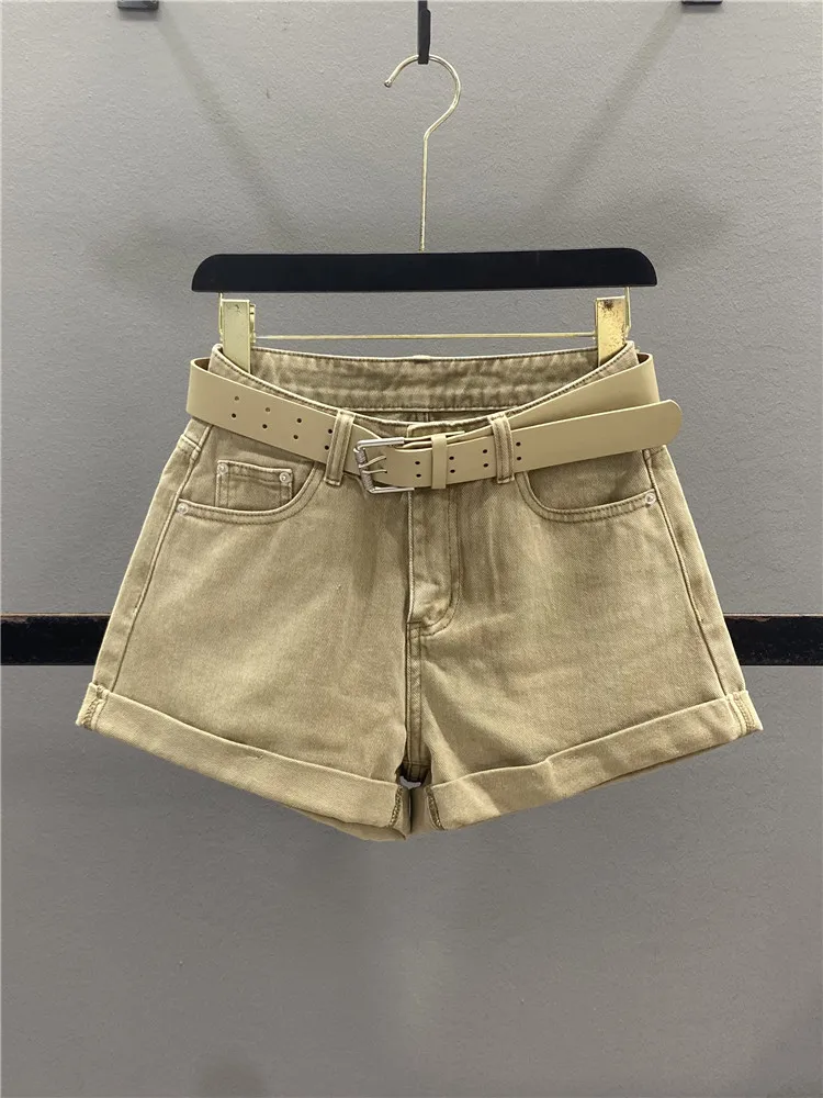 Khaki Retro Denim Shorts Women's Summer Loose Slimming Casual Cuffed A-Line Wide Leg Hot Pants High Waist Casual Jeans
