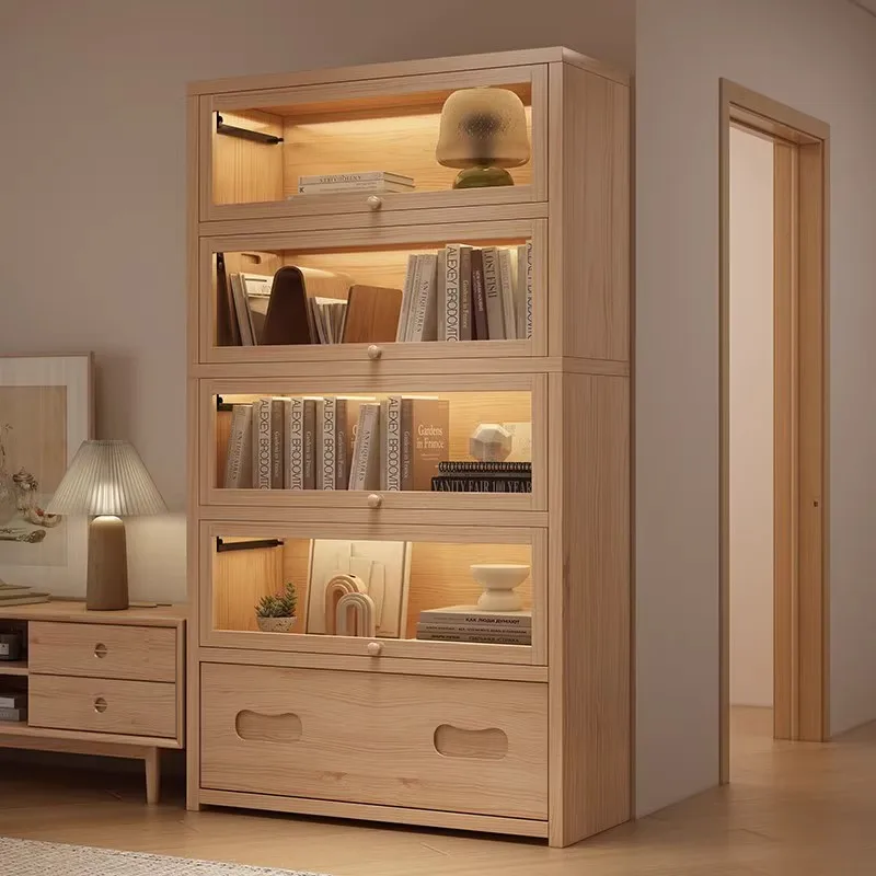 Solid wood bookcase, dust-proof locker integrated against the wall, household bookshelf with door to the floor