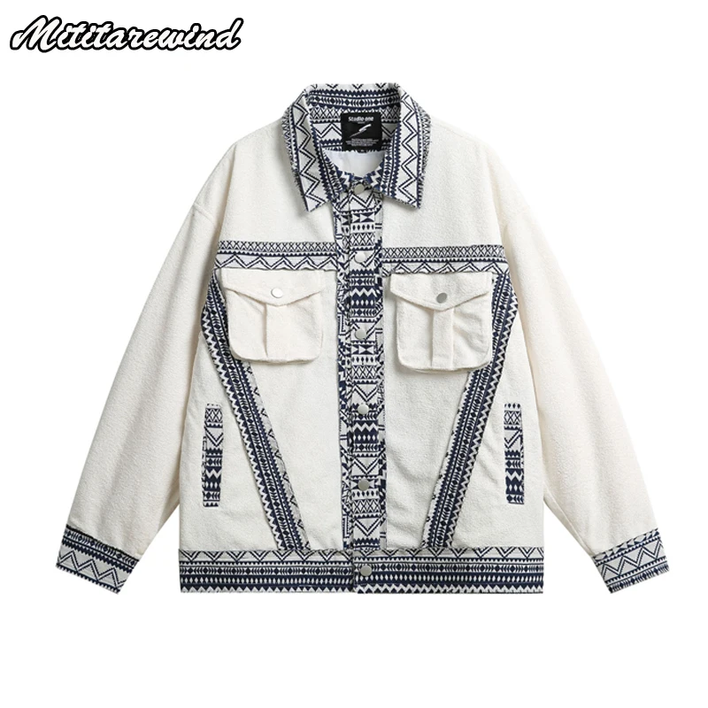 

High Street National Pattern Men's Spliced Jackets Casual Fashion Loose Oversize Coat Multi-pockets Streetwear New in Outerwears