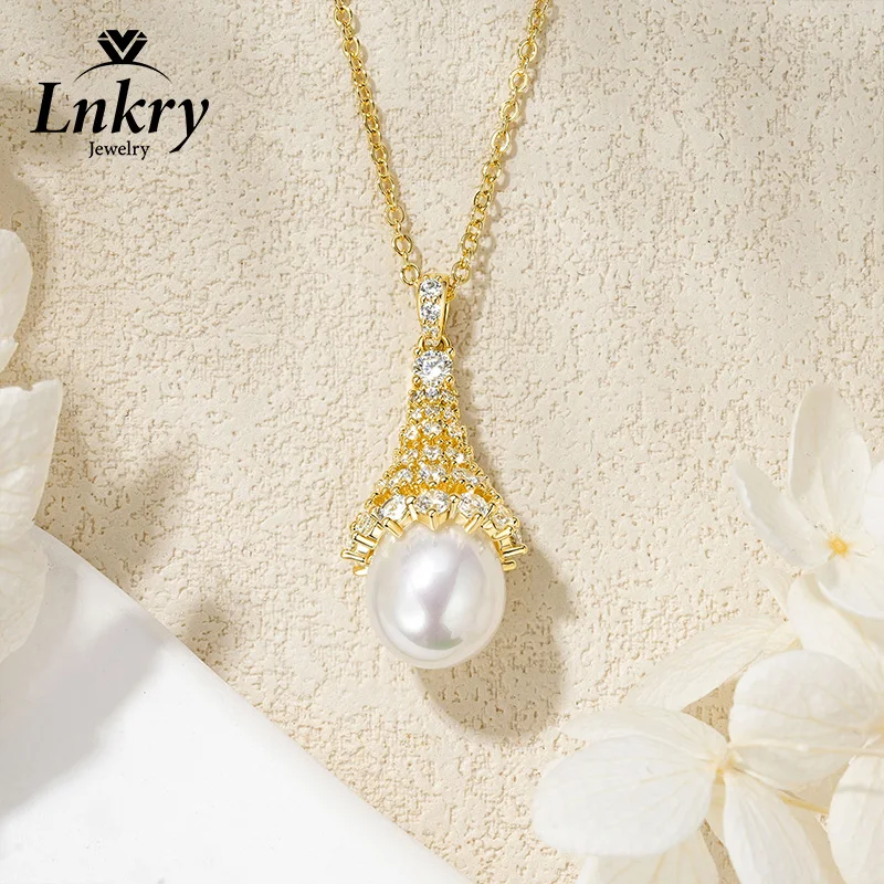 Lnkry Certified 2.8mm Moissanite Necklace Exquisite Teardrop Shaped Shell Pearl Pendant Necklaces For Women Jewelry Gift