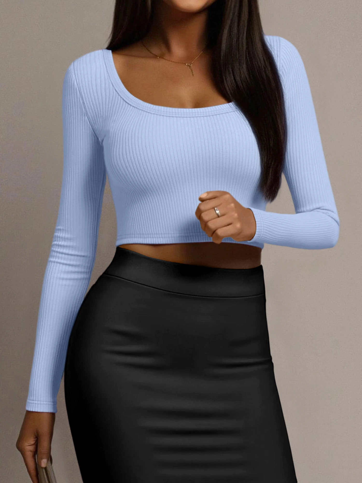 Spring Transition Ribbed Crop Blouse, Breathable Square Neck Top for Day Trips & Picnics