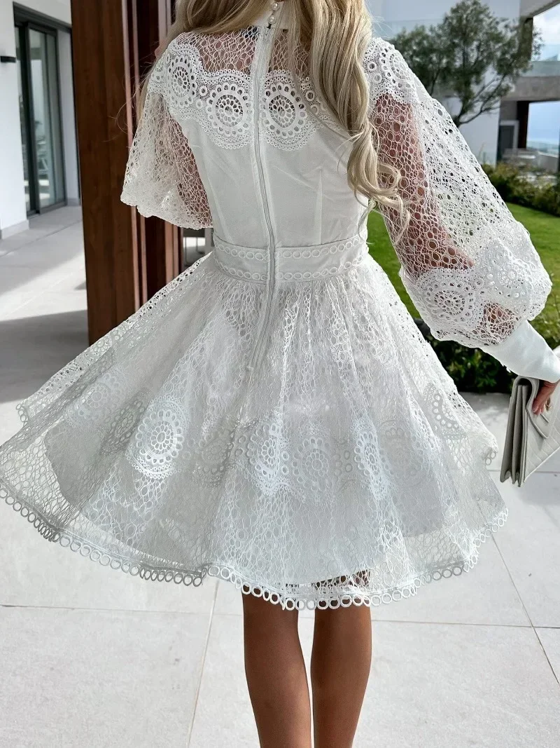 Summer White Long Dresses for Women Cut Out Embroidery Dress Woman Long Sleeve Elegant Party Midi Dresses Women