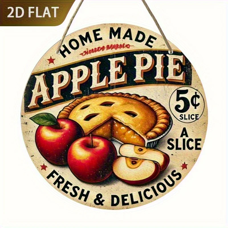 Letrero artístico de pared de madera con tarta de manzana Retro plana 2D, madera Artificial reciclada redonda de 7,87 pulgadas, decoración rústica de cocina con larga duración