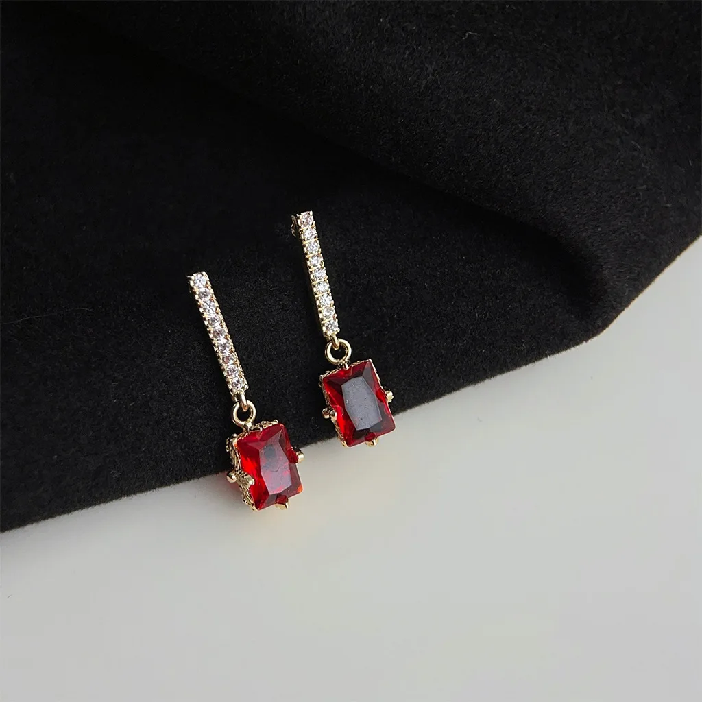

French Artistic Retro Micro Pave Zircon Wine Red Square Earrings Women Water Drop Pendant Party Jewelry Gift