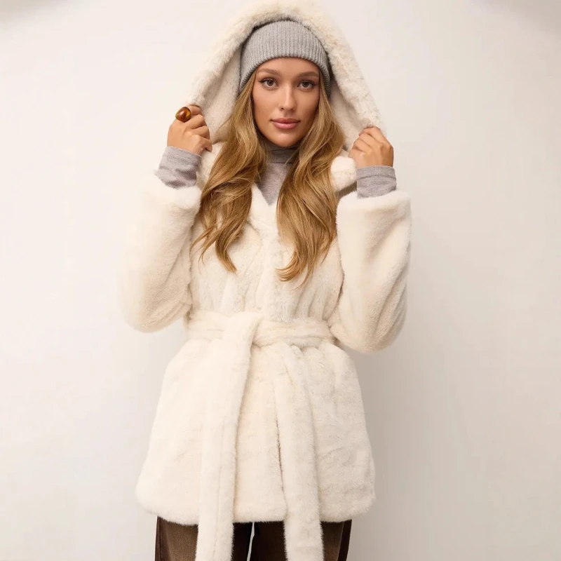 

Winter Faux Mink Fur Coat, Long Hooded Belted Eco Artificial Hair Jacket for Women