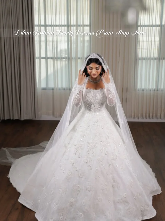 White Square-Neck Lace Long-Sleeve Wedding Dress Customized Sparkling Beaded Full-Skirted Middle Eastern Bridal Gown Henna Night