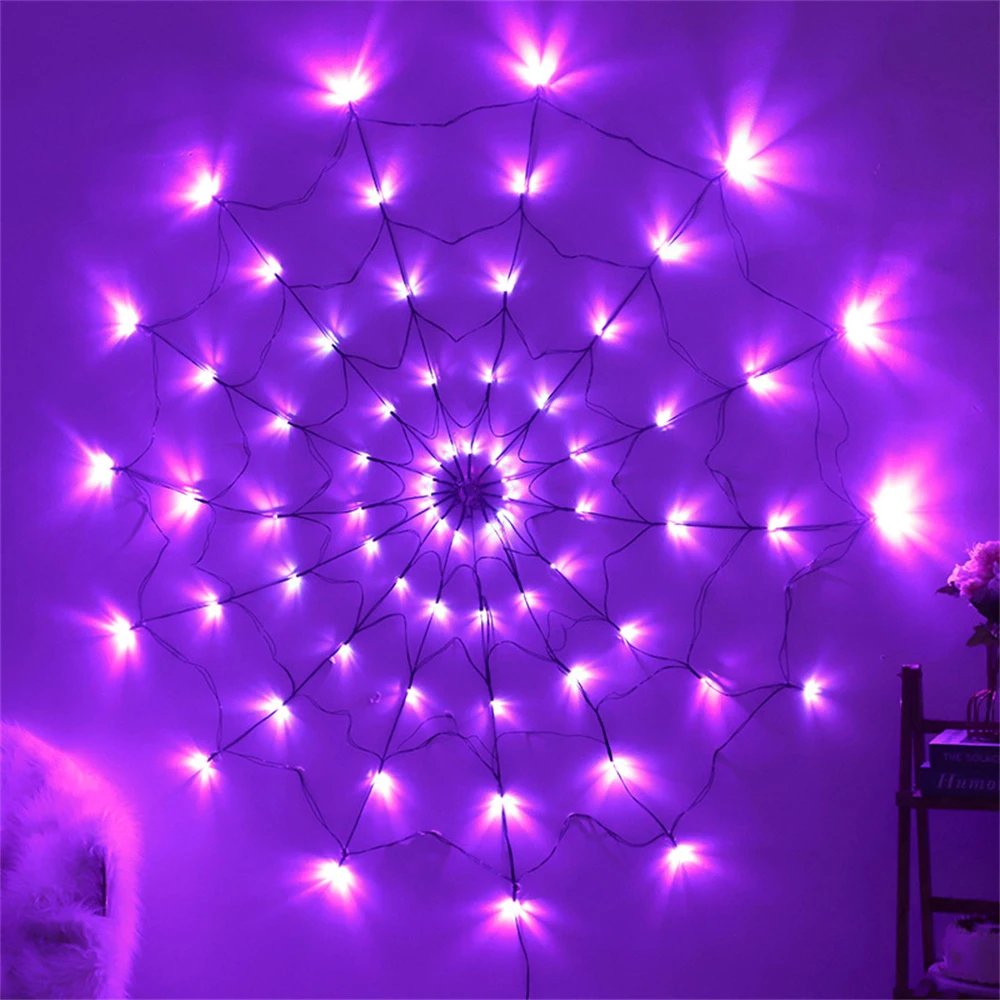 Halloween Spider Web LED Lights, Outdoor, Pátio, Jardim, Spider Fear Props, Decorativa Roxo String Light, Controle remoto