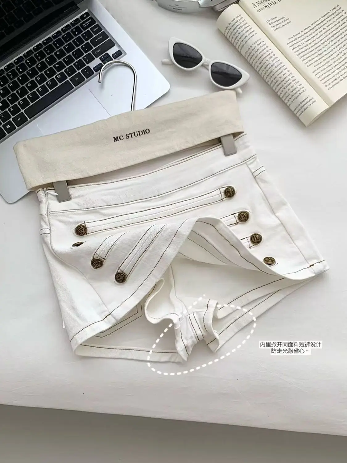 American Retro Cargo Tooling White Short Skirt Women's Summer Low-rise Spice Girl Style Design Double-breasted Denim Skirt