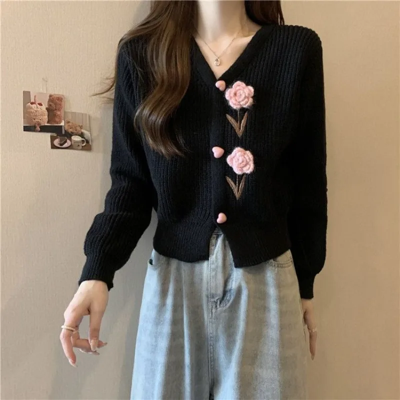 Autumn Winter Women\'s Clothing V-Neck Solid Color Flower Lantern Long Sleeve Crochet Floral Cardigan Sweater Knitted Coats Tops