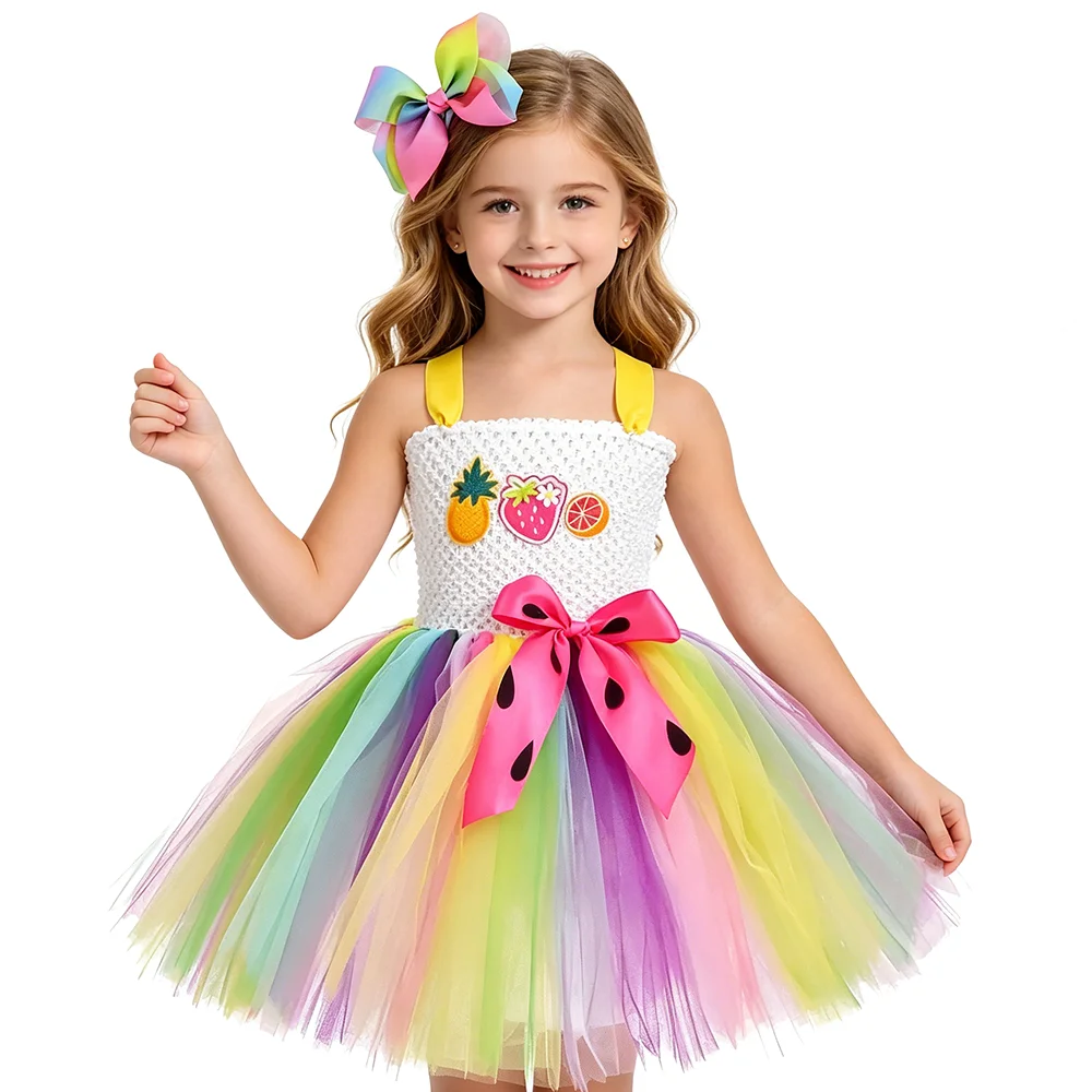 Halloween Fruits Tutu Dress for Girls Kids Princess Outfit with Pineapple Strawberry Orange Print Tulle Dress And Decorative Hai